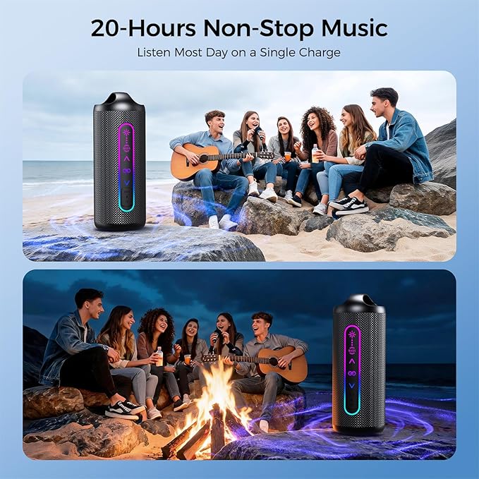 Wilody Portable Bluetooth Speaker, 20W Powerful Sound with EQ Modes, IPX6 Waterproof, 20H Playtime, Bluetooth 5.4, TWS, LED Lights, Portable Wireless Speakers for Home Party Camping Beach Outdoor