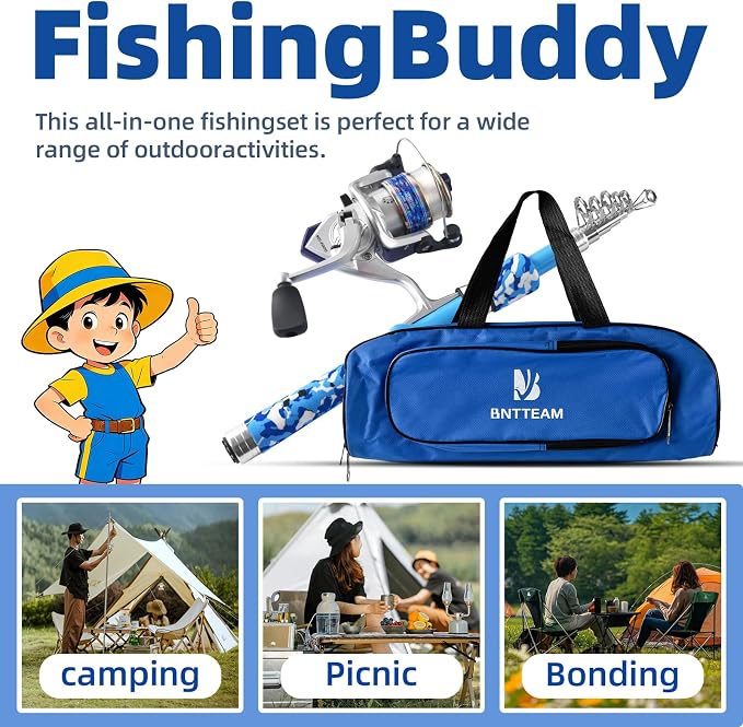 Portable Fishing Spinning Rod and Reel Combo Set Carbon Fiber Fluorescent Rod Tip, with Fishing Lures Line Carrier Bag Kits for Travel Surf Saltwater Freshwater