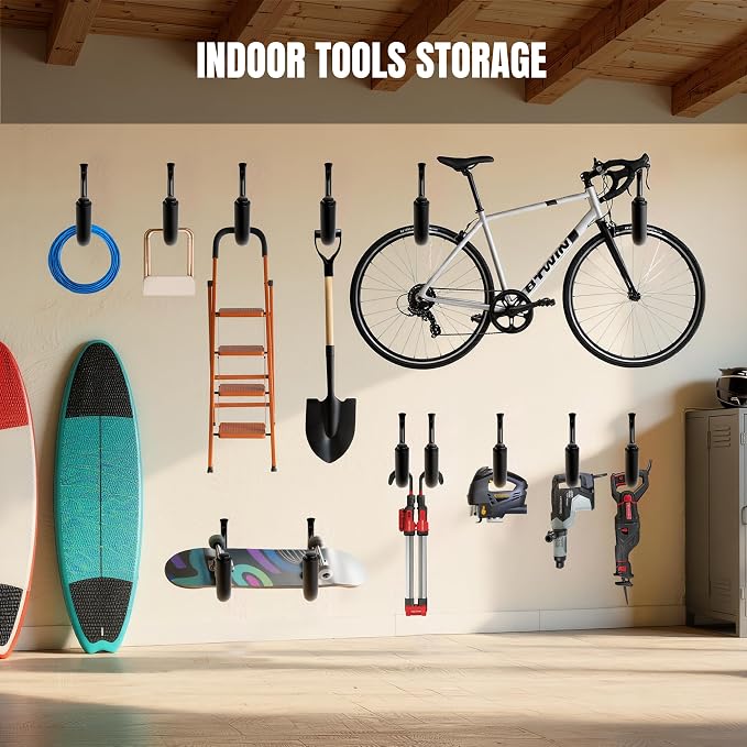 4 Pack Kayak Wall Mount Rack, Heavy Duty 120 LBS Garage Storage Hooks, 15 Inch Wide Utility Hangers for Canoe, SUP, Surfboard, Ladders, Lumber & Tools (Black)