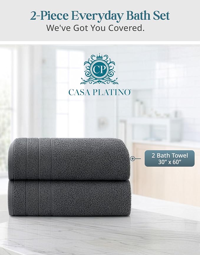 Casa Platino 100% Cotton Bath Towels Set of 2 (30"x60") - Ring Spun Mercerized Cotton Bathroom Towel Sets - Quick Dry, Soft & Absorbent Grey Towels Set - Pre Shrunk, Fade Resistant - Ultimate Grey