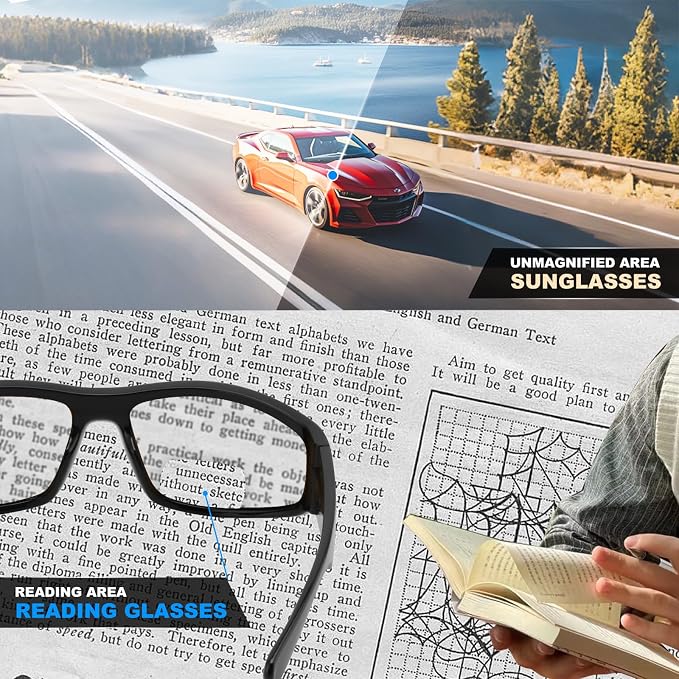 2 PACK Unbreakable Bifocal Reading Sunglasses for Men, Wrap Around Sun Reader Heavy Duty Temple UV400 Outdoor Sports Driving Finshing (Black & Grey +2.0)