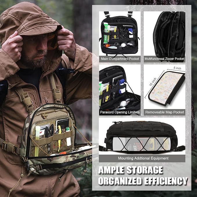 VOTAGOO GEAR Tactical Chest Rig Bag, 3L Utility Hypalon Molle Chest Rig With Map Pocket 500D Cordura Chest Bag for Hunting Workouts (Black)