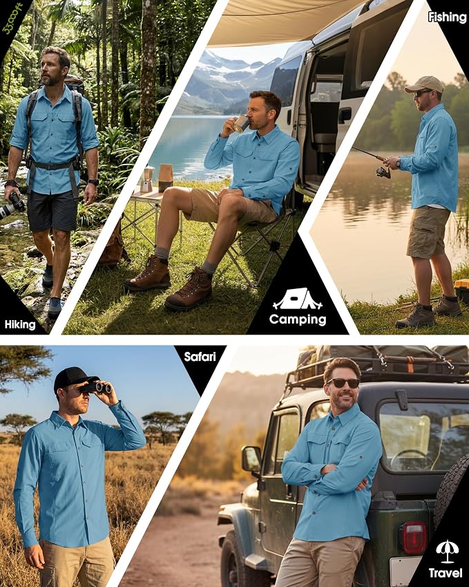 33,000ft Men's Long Sleeve Hiking Shirts Lightweight Quick Dry Sun Protection UV UPF 50 Fishing Shirt Outdoor Safari Travel