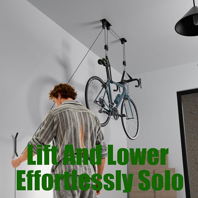 Bike Hoist, Ceiling Mount Bike Hanger Holds 100 lbs, Ebike Lift Garage Overhead Storage for Bike, Ladder, Snowdoard