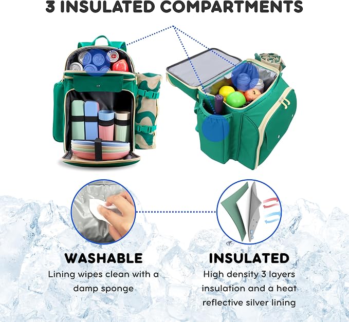 J World Picnic Backpack Cooler for 4. Insulated Picnic Basket Set with Folding Waterproof Blanket. Beach Camping Wedding Engagement Gift for Couples, Green