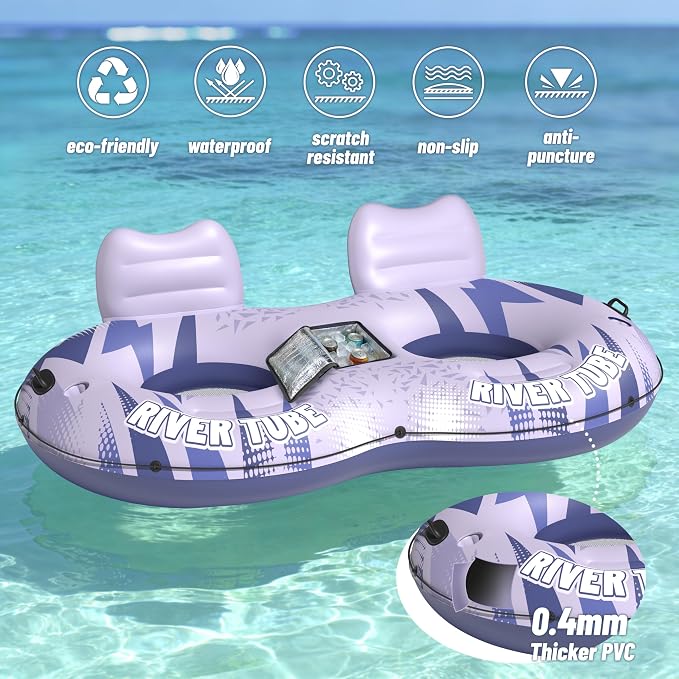 JOSEN Inflatable River Tube Float - 2 Person Heavy Duty River Float, Pool Floats Adult, Lake River Floats Water Tubes for Floating with Removable Cooler & Cupholders for Summer Relaxation