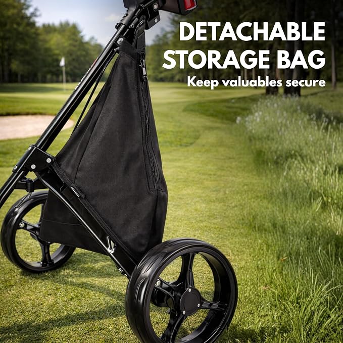 PRECISE Cruiser 3-Wheel Golf Push Cart with Foot Brake & Stabilizer Rods – Folding Golf Trolley, Ergonomic Handle, Detachable Storage Bag, Scorecard & Cup Holder