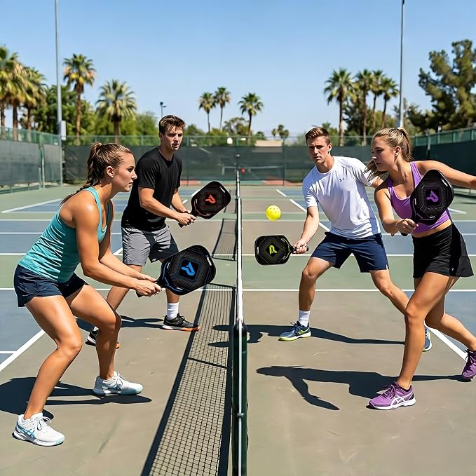 Pickleball Paddles Set of 4, Complete Family Starter Kit – 4 Balls (Indoor & Outdoor), 4 Overgrips & Bag, Lightweight Carbon Fiber Rackets for Beginners & Intermediate, Ready to Play Anywhere