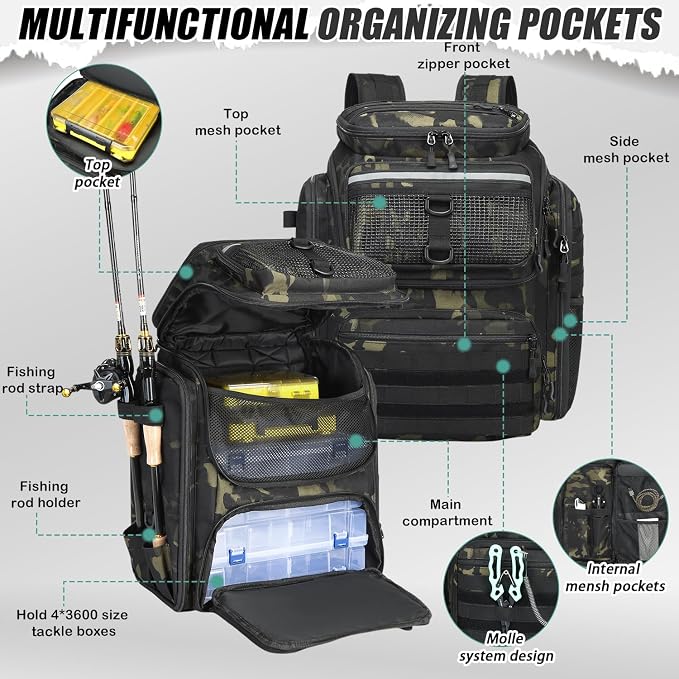 HAMBOLY Fishing Backpack 45L with Rod Holders, Water-Resistant Tackle Backpack for Fishermen, Large Capacity Fishing Gear Bag for Travel Hiking Camping