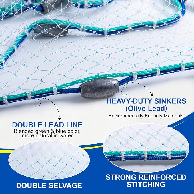 Goture American Fishing Cast Net Saltwater Freshwater, 3/8in Mesh Size Casting Net for Bait Fish Shrimp Trap, Dual Color Double Selvage Add Tape, Throw Cast Nets with Needle