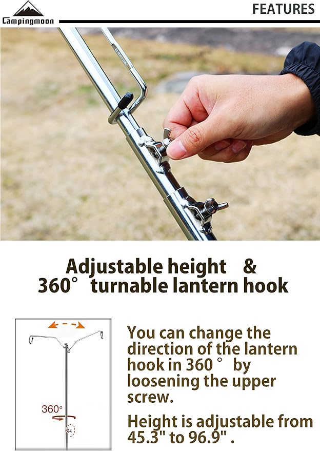 camping moon Heavy Duty Stainless Steel Lantern Pile Driver Height Adjustable with Tripod Stand and Storage Bag D-240, D-243