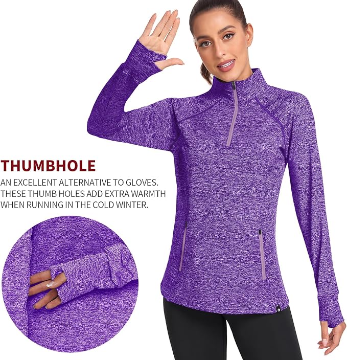 Soneven Women's Thermal Fleece Running Shirts Warm Winter Pullover Cold Weather Workout Hiking Tops with Thumb Holes Pockets