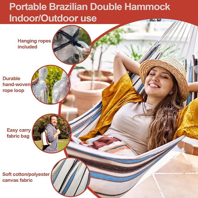 JoyView Brazilian Hammock for Single Person Portable Hammock with Hanging Ropes & Carry Bag Large 78.8x39.4” for Patio 300LBS Capacity Perfect for Outdoor/Indoor - Blue Stripe