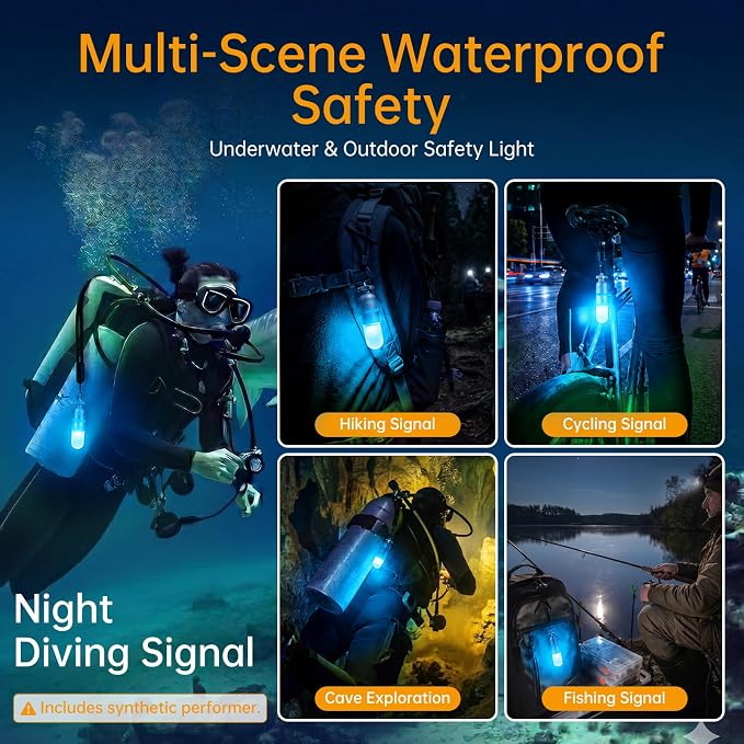 SecurityIng 4-Pack Dive Marker Light, 150m Waterproof Mini Scuba Tank Light, Steady & Flash Modes,AAA Battery Included, LED Diving Signal Light for Night Diving Camping Cave Adventure -Blue
