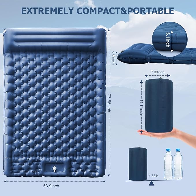Toncoke 5.1" Thick Double Sleeping Pad with Foot Pump & Pillow, 77.5x53.9 2-Person Air Mattress for Camping, Ultralight & Compact for Backpacking, Hiking, Car Travel Navy Blue