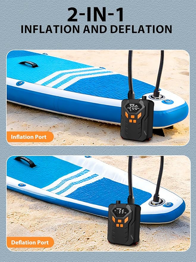 Electric Paddle Board Pump, 20PSI Portable Rechargeable SUP Air Pump, Dual Stage Inflation & Deflation, Auto-Off Air Compressor for Stand Up Paddle Boards, Surfing Kite, Tent, Boat, Kayaks