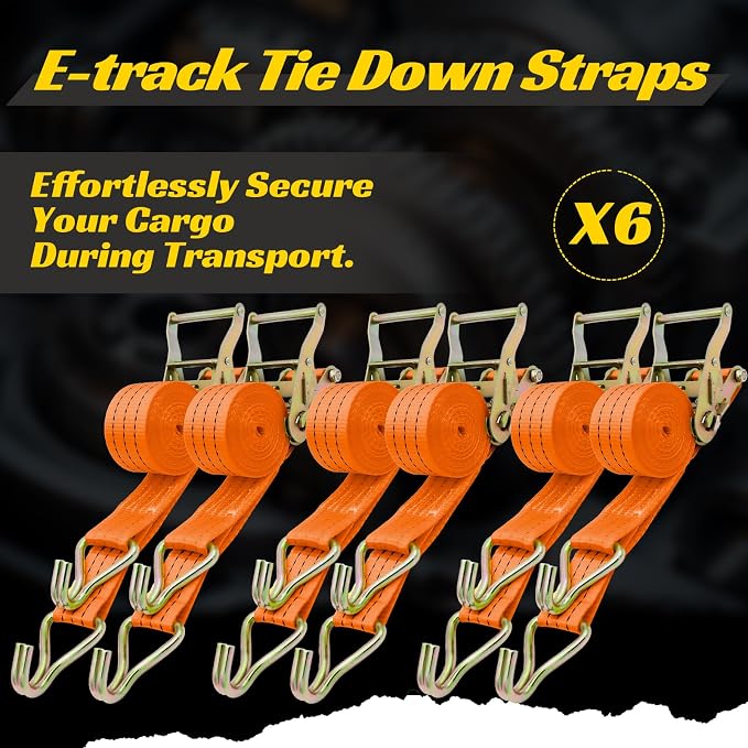 6 Pack 2" x 15' Heavy Duty Ratchet Straps - 4500LBS Break Strength - Tie Down Straps with J-Hooks for Trucks, Trailers, Motorcycles, and Cargo（Orange）
