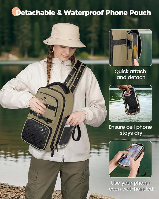 MATEIN Fishing Sling Bag with Lure Rod Holder & Phone Pouch, Waterproof 3600 Tackle Box Backpack with Removable Bait Binder