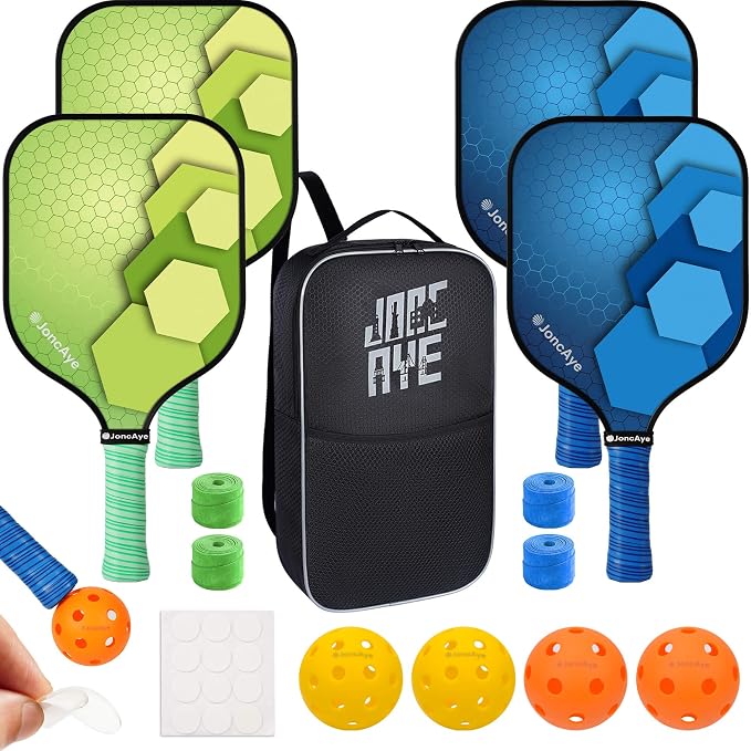 JoncAye Pickleball Paddles Set of 4 or 2, USAPA Approved Fiberglass Rackets with Outdoor Indoor Balls, Bag, Overgrip, Lightweight for Family, Professional Equipment for Beginners Intermediate