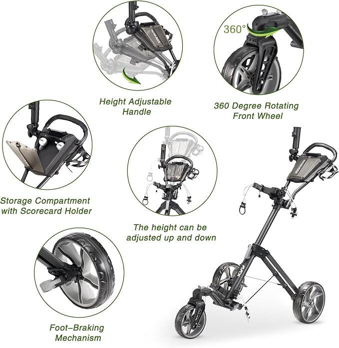 KVV Mini-Pro Deluxe Golf Cart for All Age Groups,Golf Push Cart with Adjustable Upper Bracket, 360 Swivel Front Wheel, Ultra-Compact Size（Charcoal）