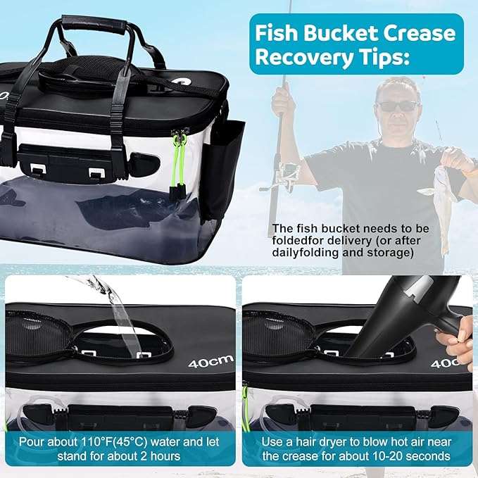 AceOrbit Foldable Transparent Fishing Bucket with Aerator Live Bait Bucket and Dual Outlet Air Pump, Heavy Duty EVA Collapsible Fish Basket for Kayak, Ice Fishing, Camping & Travel