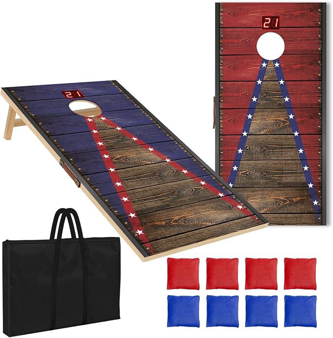 Electronic Cornhole Board Set 4x2ft 3x2ft 2x1ft, Automatic Scoring Corn Hole Games for Adults & Kids, Wooden Portable Cornhole Set with 8 Bean Bags & Carrying Bag for Outdoor, Tailgate, Party