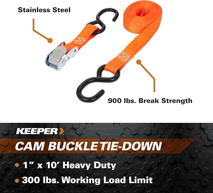 KEEPER Hampton PROD 1”x 10' Cam Buckle Tie-Down, 4 Pack - 300 lbs. Working Load Limit and 900 lbs. Break Strength