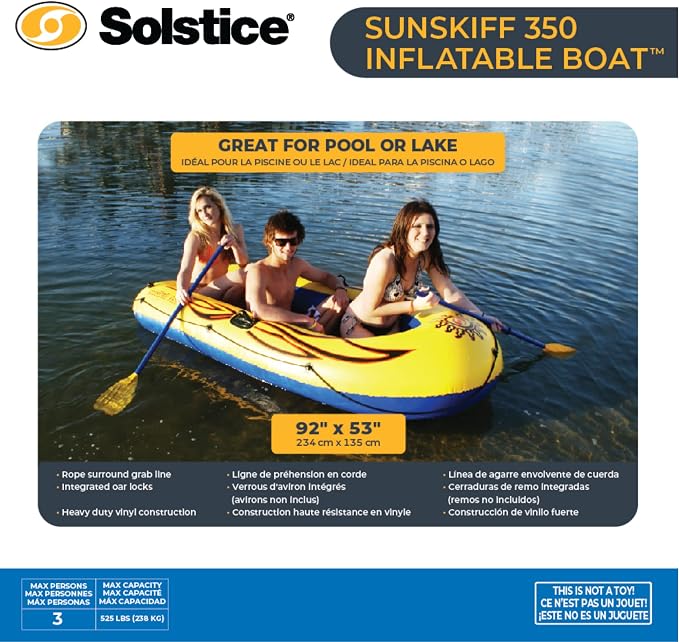 SOLSTICE Inflatable Boat Rafts 3 Person for Adults & Kids Comes W/ Oars Paddles Pump Pole Oar Holders Cushioned Comfortable Base Grab Line 8 Ft Size Sunskiff Kits Dinghy Air Floor Yellow