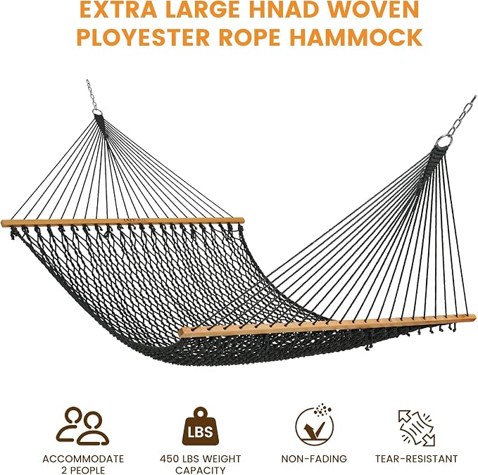 Lazy Daze Hammocks 13-FT Polyester Rope Hammock, Double 2 Person Traditional Hand Woven Outdoor Hammock with Spreader Bar, Carabiners, Tree Straps, Chains for Outside Patio- Max 450 Lbs, Grey