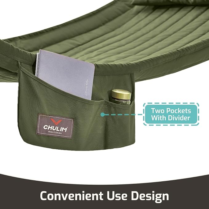 CHULIM Double Quilted Fabric Hammock with Hardwood Spreader Bars and Pillow 450 LBS Capacity 2 Person Large Hammock for Outdoor Patio Backyard Poolside - Green