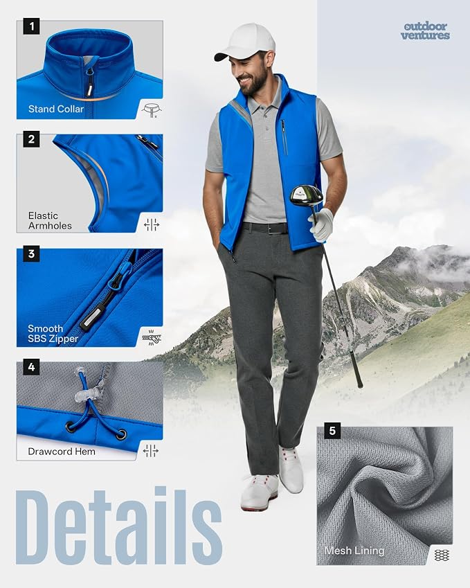 Outdoor Ventures Men's Windproof Softshell Vest Outerwear Lightweight Sleeveless Jacket for Running Golf Hiking Travel