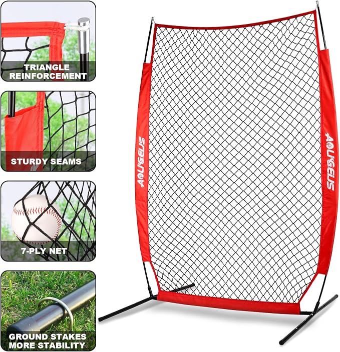 Baseball & Softball Portable Practice Batting Screen, 7-FT I-Screen or L-Screen Pitching Net for Pitcher Protection with Carry Bag and Ground Stakes