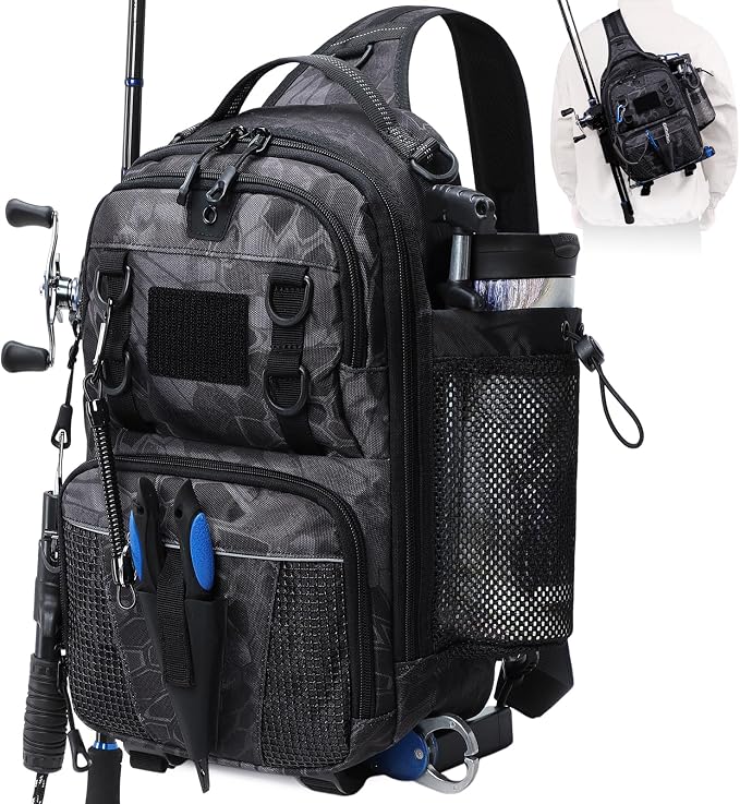Fishing Bag, Convertible Fishing Tackle Sling Bag with Rod & Beverage Holder, Anti-theft Crossbody Shoulder Bag, Fish Gifts for Men Women, Black Camo
