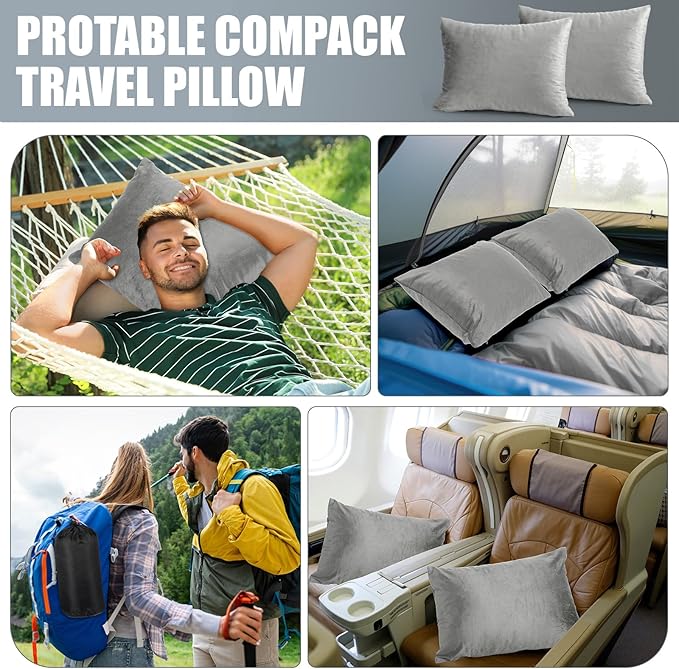SmoothNovelty 2 Pack Camping Pillow for Sleeping Shredded Memory Foam Travel Pillow with Storage Bag, Compressible Portable Pillow for Outdoor Camp Backpacking Hiking Essential Gear(Grey,Medium)