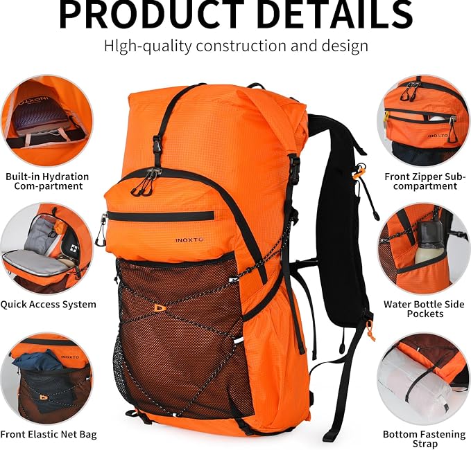 IX INOXTO Hiking Backpack for Men and Women, 30L Waterproof Camping Backpack with 3L Water Bladder and Rain Cover, Lightweight Outdoor Sport Travel Daypack Rucksack for Climbing Cycling (Orange)