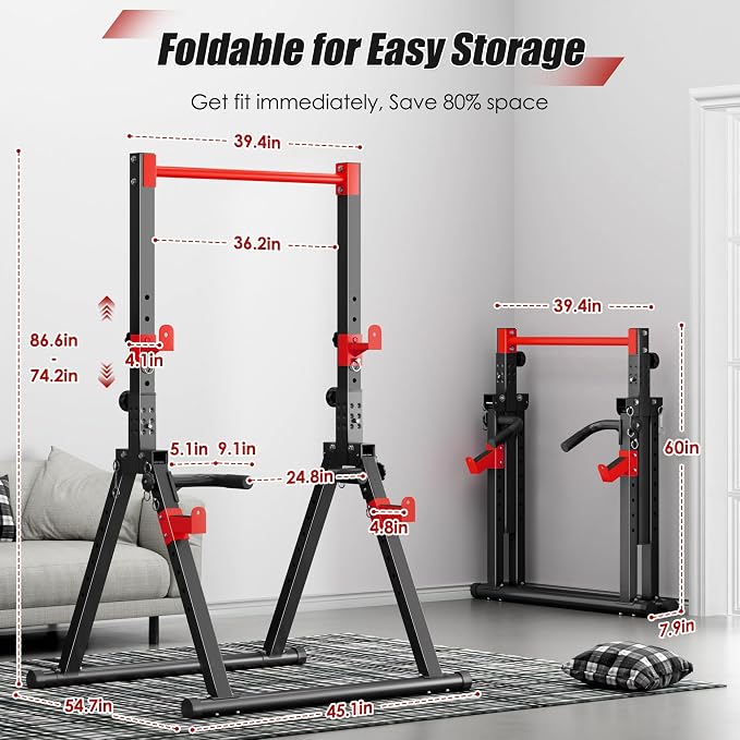 SogesPower Power Tower Pull Up Bar Station, Foldable Pull Up Dip Station Free Standing for Home Gym,Adjustable Pull Up Bar Stand Dip Bar Strength Training Workout Equipment,Triangular Design