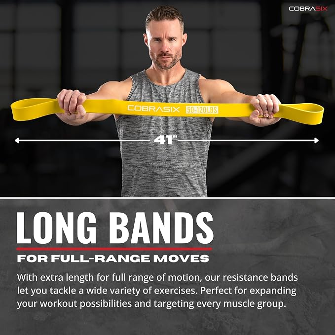 COBRASIX Long Resistance Bands for Working Out | Set of 6 Exercise Bands for Full-Body Training | Pull Up Bands for Home Gym with Handles, Door Anchor and Bar Options | for Men & Women