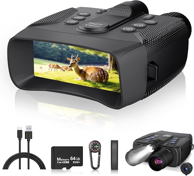 Night Vision Goggles, 1968FT Infrared Night Vision Binoculars with 5000mAh Rechargeable Battery, 64G Card for 58MP Images & 4K Video, 4" HD Screen, 5X Dightal Zoom for Camping Hunting