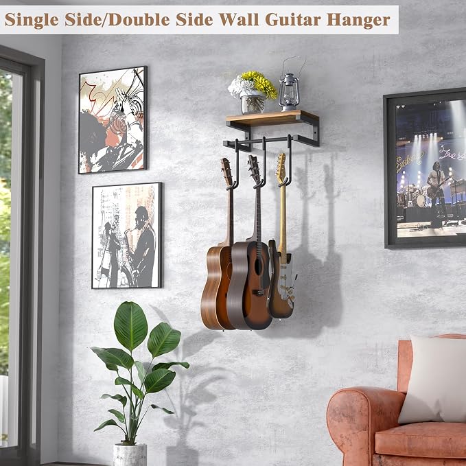 Keebofly Guitar Wall Mount Hangers Holds 3 Guitars with Rustic Shelf, 3-Detachable Guitar Hooks Universal Fit for Acoustic, Electric, Bass & Ukulele (Brown)