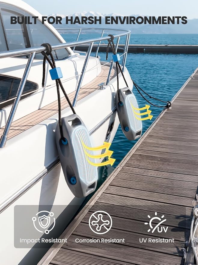Zeraty Solid EVA Boat Fenders 1-2-4 Packs, 17''x8'' No-Deflation Dock Bumpers with Adjustable Ropes, Modular Stackable Non-Rolling Marine Hull Protector for Pontoon, Yacht, Bass, Jet Ski and Jon Boats