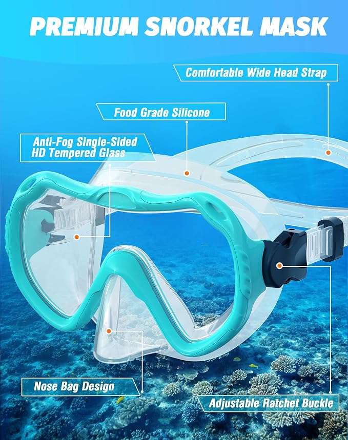 Snorkeling Gear for Adults, Snorkel Mask Set 180° Panoramic View Snorkel Gear, 100% Food-Grade Silicone Anti-Fog Anti-Leak Dry Top Diving Mask for Snorkeling Swimming Scuba Diving