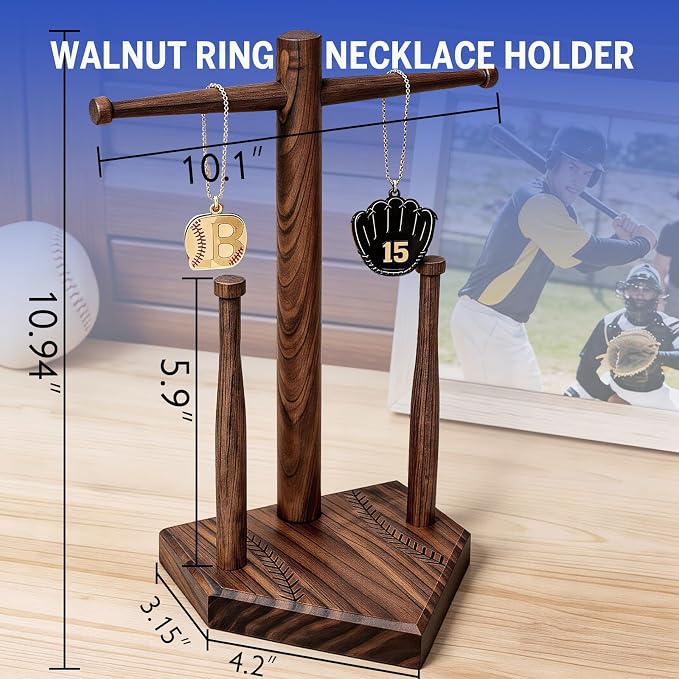 Walnut Baseball Ring Holder Wooden Baseball Softball Drip Necklace & Championship Ring Holder, Softball Jewelry Organizer Display, Solid Wood Baseball Necklace Holder Gift - 3 Rods + 1