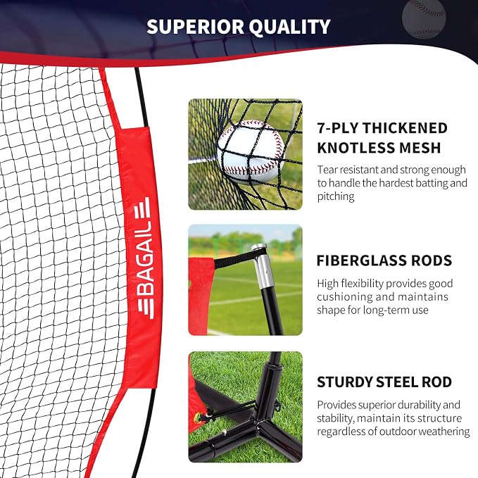 BAGAIL 7x7 ft Extra Large Baseball & Softball Training Net with Batting Tee, Heavy Duty Reinforced Steel Frame, Oversized Hitting Zone for All Levels, Portable Backstop with Carry Bag