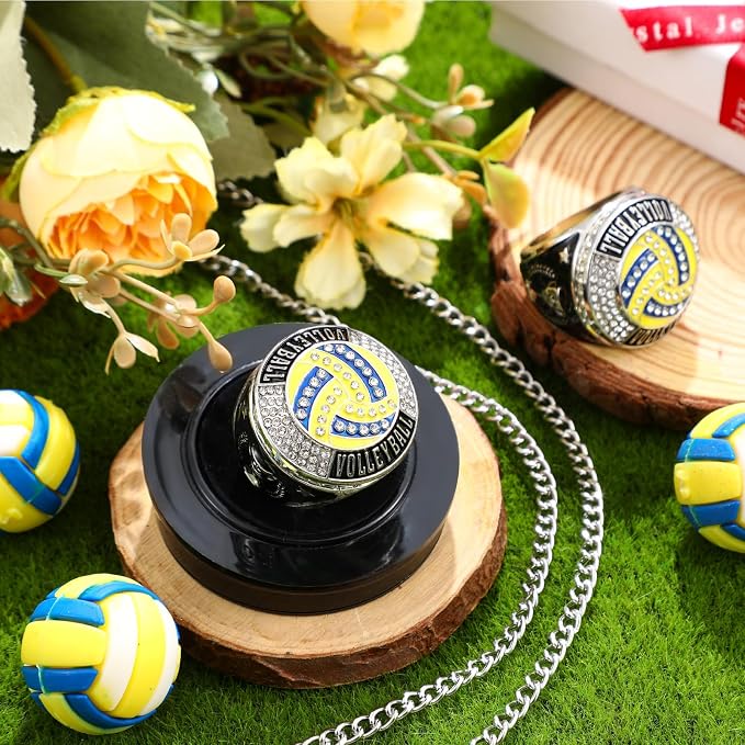 Highergo 10 Pcs Basketball Softball Baseball MVP Dancer Champion Trophy Ring with Display Stand Star Football Soccer Volleyball Golf Cheerleading Bowling Track Field