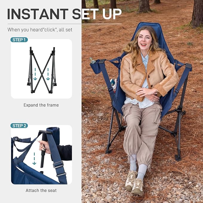 EVER ADVANCED Hammock Camping Chair, Oversized Heavy Duty Swing Chair with Detachable Cup Holder, Portable Folding Rocking Camping Chair, Support Up to 400lbs, Blue