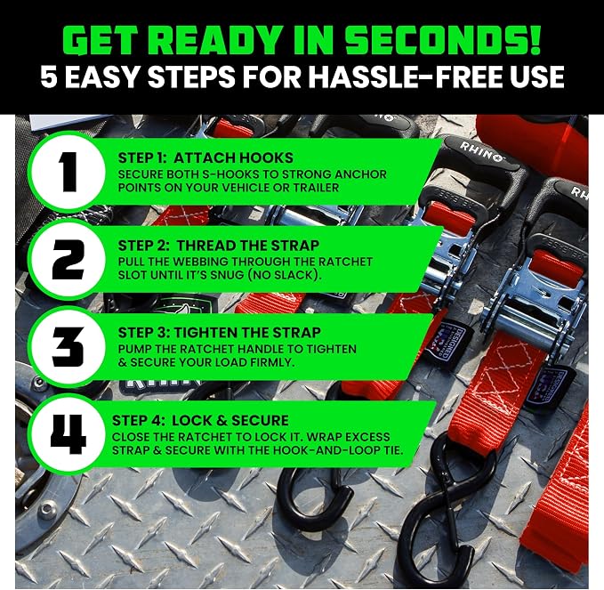 Rhino USA Ratchet Straps Heavy Duty Kit (4-Pack) - 1.6 Inch x 8 Feet Min Break Strength (5,000) - Ultimate Tie Down Straps with Safety S Hooks for Trucks, ATV, UTV, Motorcycle, Cargo & More - Red