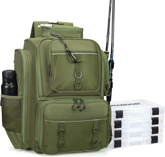 WANOON Fishing Backpack with 4 Tackle Boxes,45L Large Storage Fishing Bag for Men.Rod Holders