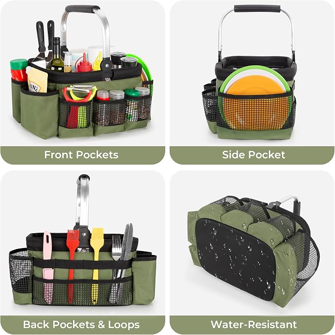PGmoon Grill and Picnic Caddy, Foldable BBQ Tool Caddy with Rotated Handle, Multi-Pocket Grill Utensil Storage Bag for Outdoor Camping Picnic Patio Barbecue Accessories, Green