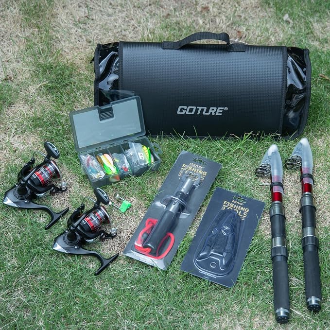 Goture 2-Pack Fishing Rod and Reel Combo with Carrier Bag,1.8M-2.7M | 2PCS Telescopic Fishing Pole,2PCS Spinning Reel,Line,Lures,Pliers,Gripper, for Saltwater and Freshwater Travel,Starter Kit