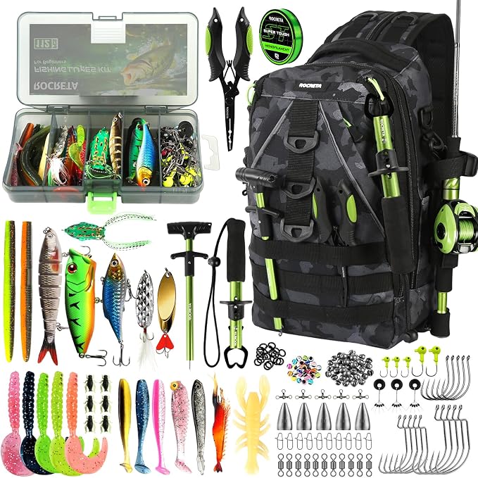 Fishing Backpack with Tackle Boxes,Fishing Lure Kit and Tool | Waterproof Fishing Tackle Bag With Rod Holder, Sling Backpack wtih Fishing Gear, Fishing Gifts for Men Woman Anglers
